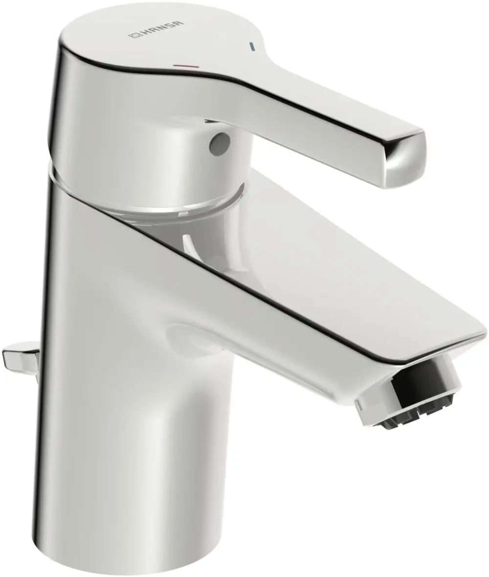 Einhebelmischer Waschbeckenarmatur in chromfarbener Ausführung von HANSA mit klaren Linien und integriertem Wasserhahn. Design für moderne Badezimmer.